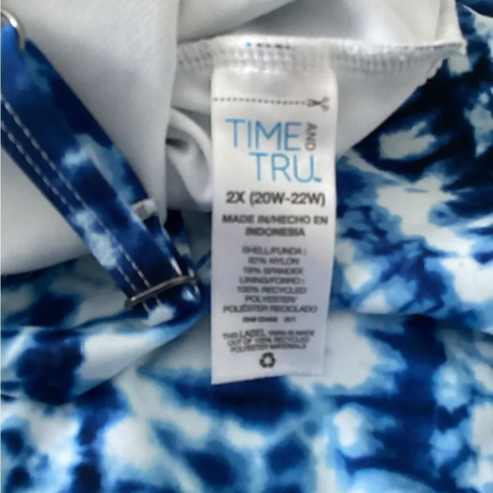 NWT Sz 22 Time Tru tie dye one piece swimsuit, blue, lined, w bust pads.